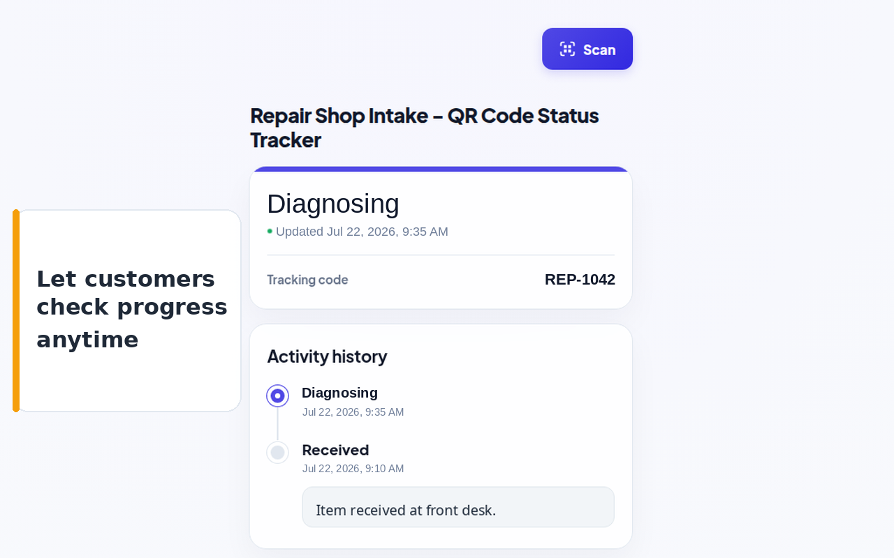 Let customers check progress anytime: customer-facing item tracking page showing current status and activity history