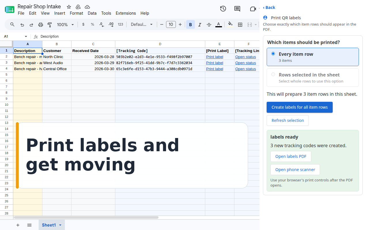 Print labels and get moving: a printable sheet of QR labels generated from Google Sheets