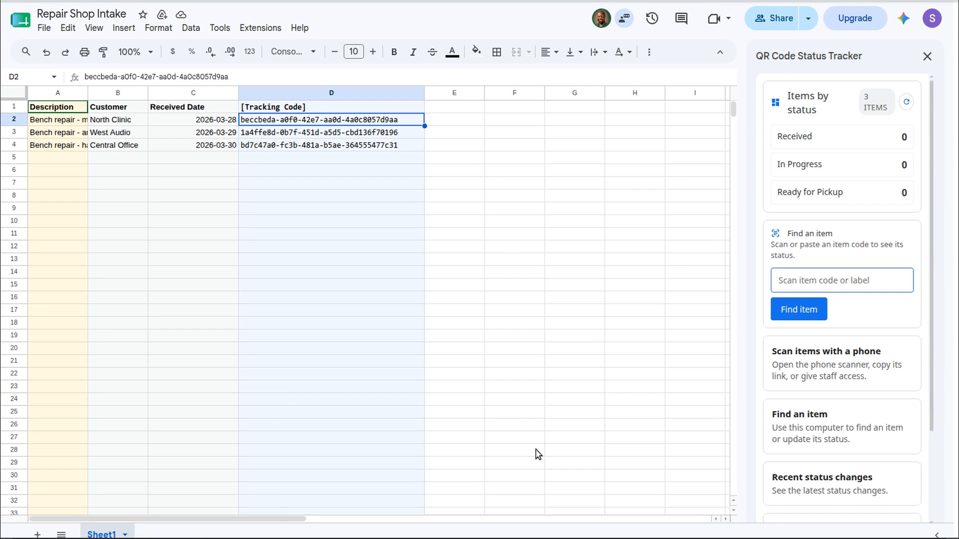 Google Sheets spreadsheet with generated Tracking Code values from QR Code Status Tracker