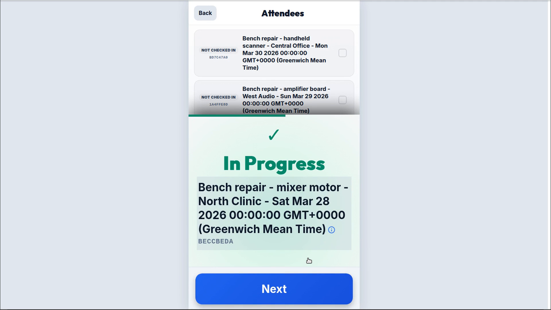 Phone scanner confirming that a tracked item moved to In Progress