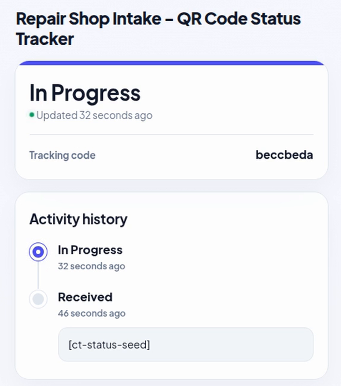 Link-only customer tracking page showing an item In Progress and its activity history