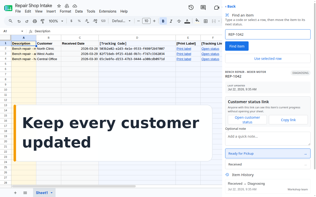 Keep every customer updated: QR Code Status Tracker showing an item's current status and history in Google Sheets